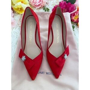 NEW Stuart Weitzman Crystal Rhinestones Star Bow Red Suede Leather Heels Pumps‍﻿